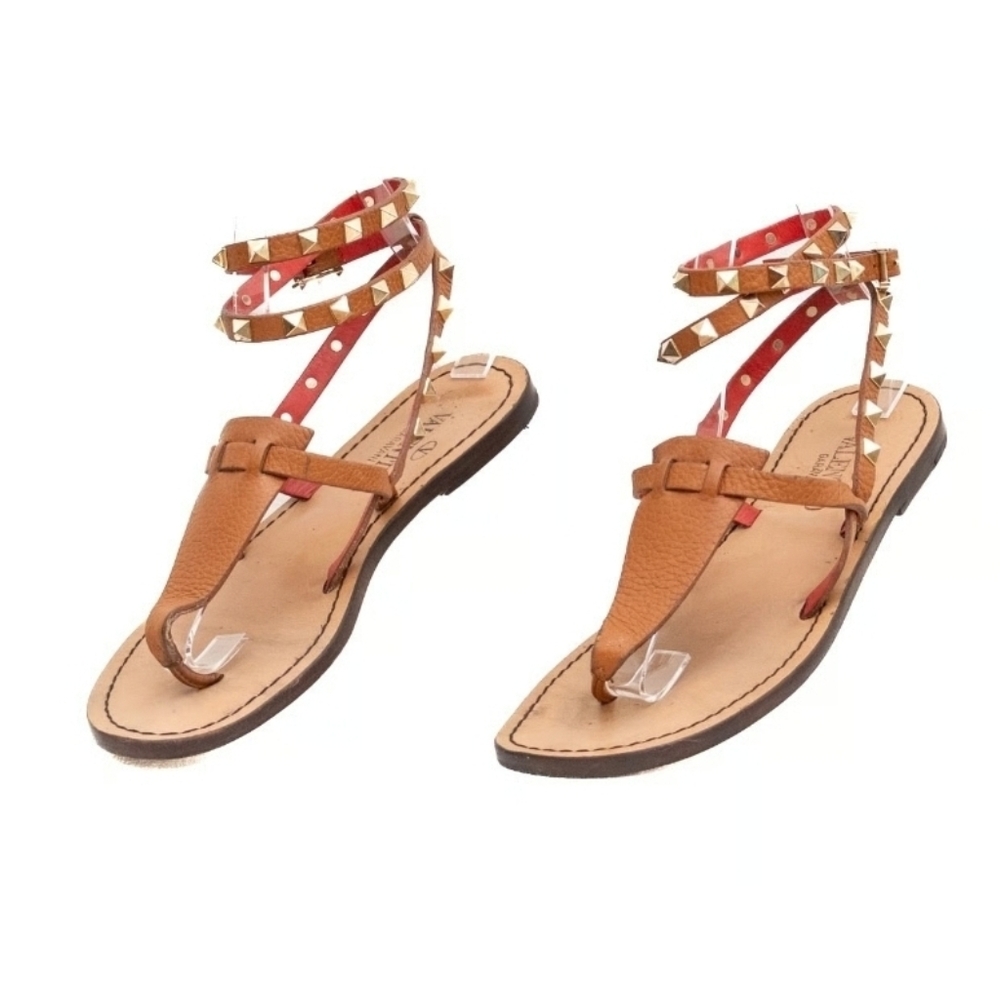 Valentino Garavani Rockstud Leather Ankle Wrap Flat Sandals Brown SZ EU 37/US 7